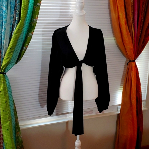 Boohoo Tops - BOOHOO Bell Sleeve Cropped Tie Up Blouse